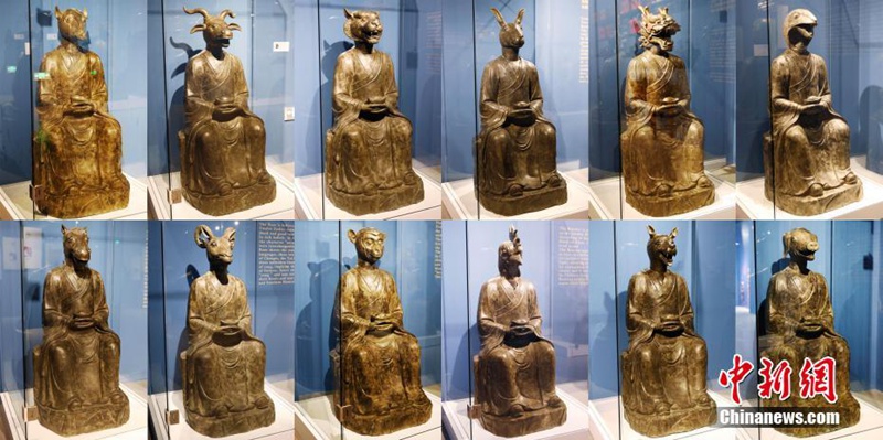 Bronze-Gegenst?nde der zw?lf chinesischen Tierkreiszeichen in Shanghai pr?sentiert